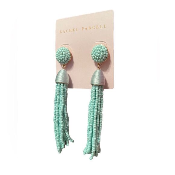Rachel Parcell Beaded Linear Tassel Earrings In Seafoam Gold NWT - Picture 3 of 4